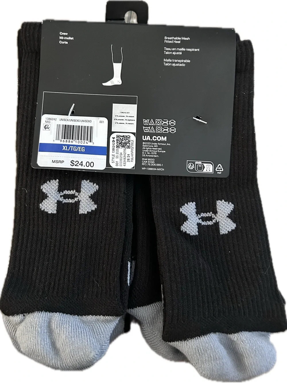 Under Armour Black Crew Athletic Socks with Gray Accents (6 Pack)